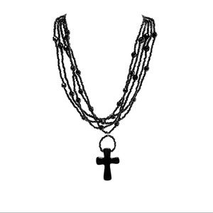 Black Beaded Cross Choker Necklace